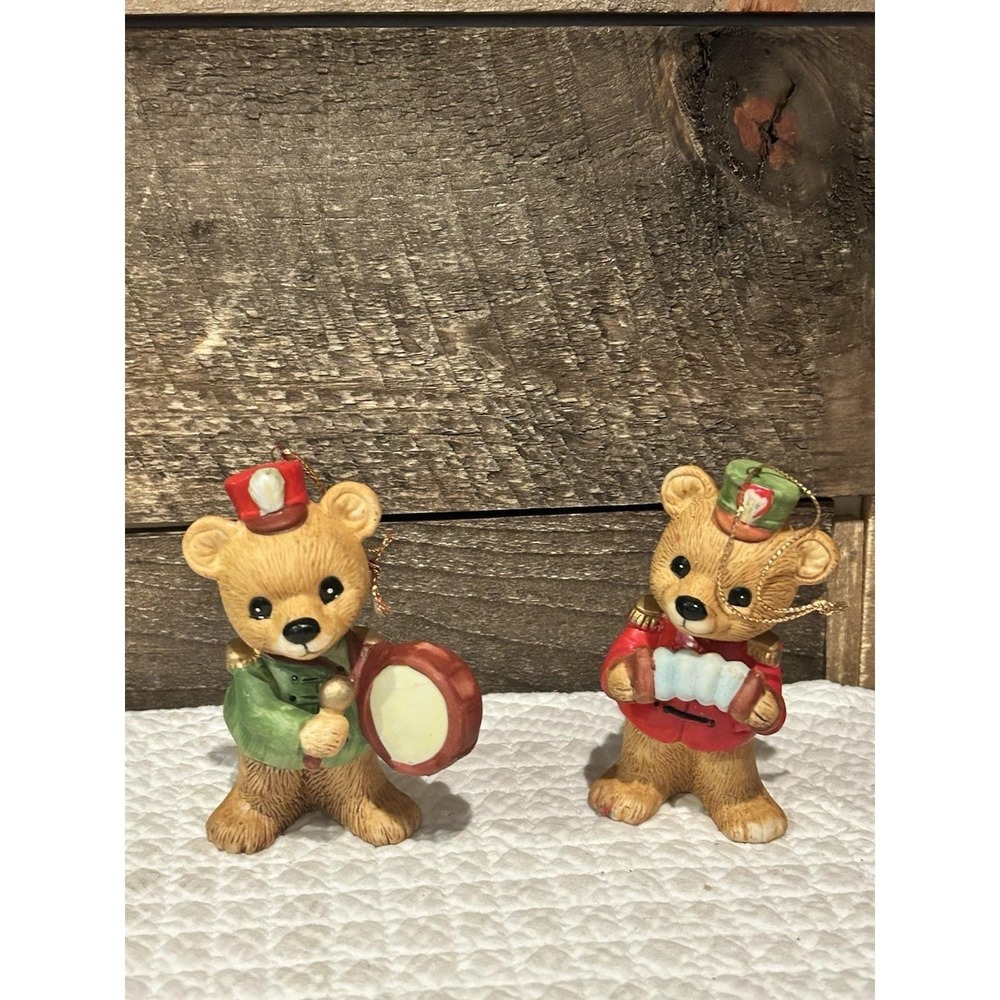 Vintage Homco Teddy Bears Set Of 2 Christmas Ornaments Band Drums Horn Marching